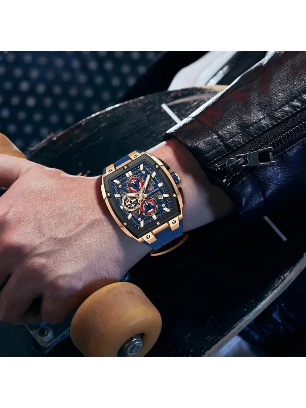 Men's Blue Golden Analog Wrist Skeleton Tonneau Chronograph Enthusiasts Watch